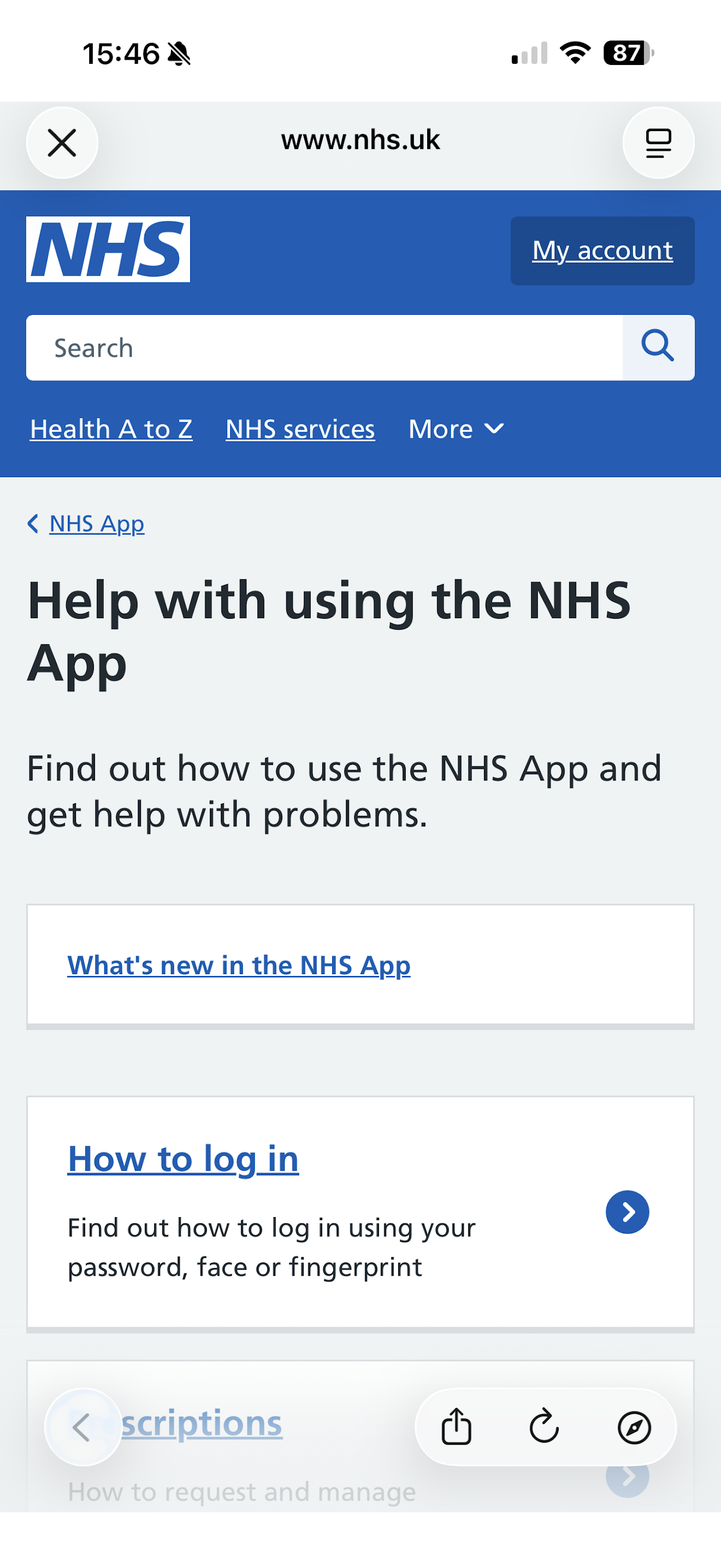 NHS App help content opening in a web browser overlay, on top of the main app interface.